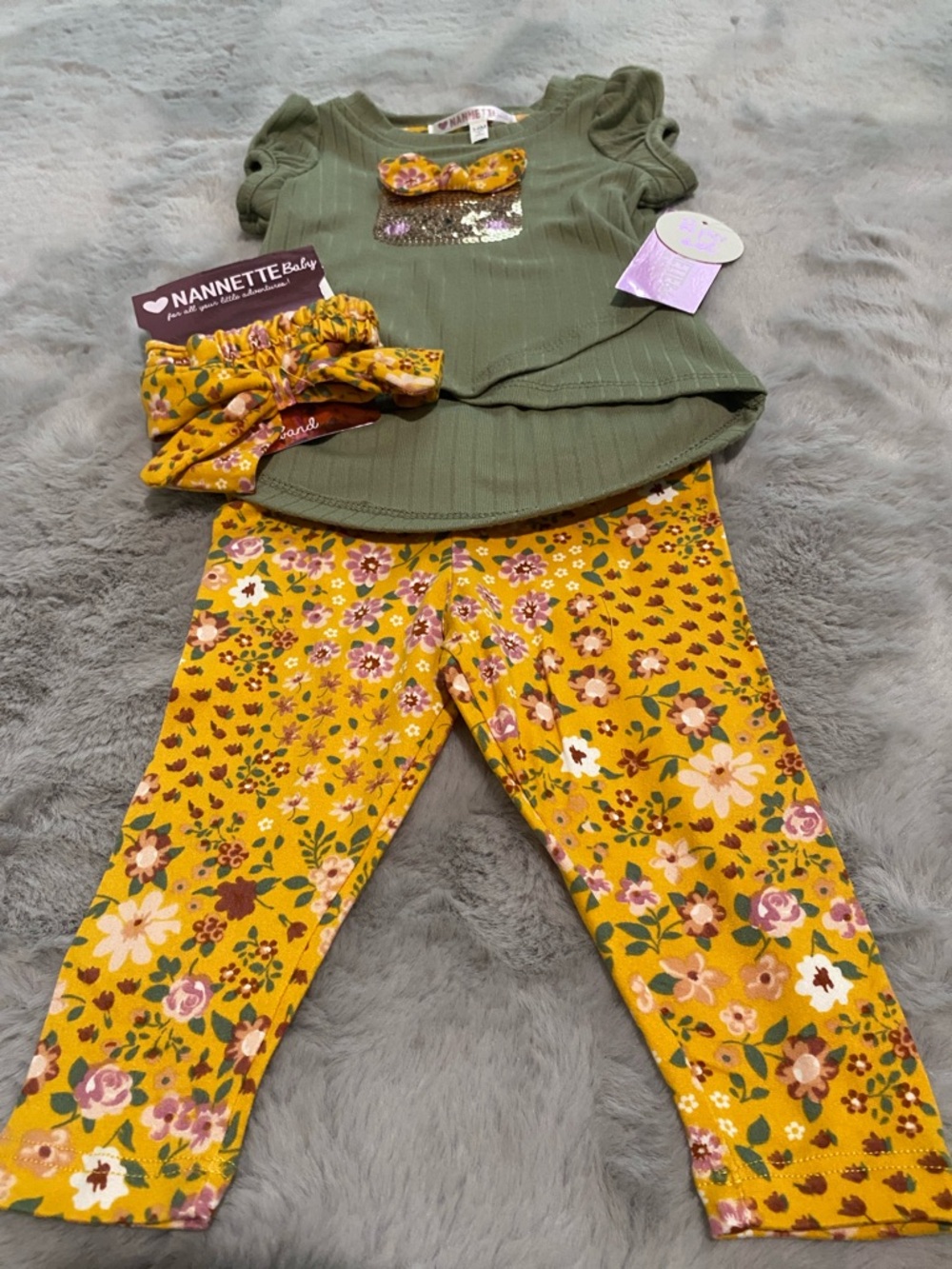 Nannette Baby Olive Ribbed Top with Mustard Floral Leggings Set